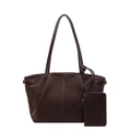 Grande borsa tote in pelle scamosciata marrone scuro con pochette e finitura opaca - Marrone