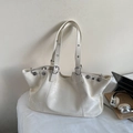 Grande borsa tote vintage color crema con occhielli argento e fibbie per pendolari - Bianco Sporco