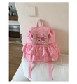 Dettaglio dello zaino leopardato rosa con volant a strati e fibbie in pelle - Stile Leopardato / Rosa