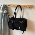 Minimalist black suede baguette bag with silver buckles and a matching coin purse - Black