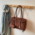 Minimalist dark brown suede underarm bag with decorative strap and small pouch - Coffee