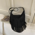 Borsa a spalla retrò in pelle scamosciata nera con frange lunghe e tracolla in pelle - Nero