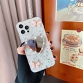 Custodia iPhone di lusso con foglia d'argento, specchio a cuore e fiocchi rosa 3D - iPhone 13 Pro / Foglia d'Argento - Specchio Cuore Farfalla