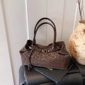 Dark brown leopard print tote bag with suede texture and decorative belt buckle detail - 36*12*20 / Brown