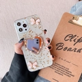 Dettaglio custodia iPhone con foglia d'oro, farfalle rosa e supporto a specchio a cuore - iPhone 13 Pro / Foglia d'Oro - Specchio Cuore Farfalla