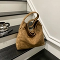 Minimalist brown suede oversized hobo tote bag with a seamless wide shoulder strap - Brown