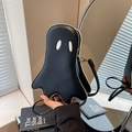 Ghost-shaped black leather crossbody bag with white piping and eye embroidery design - Black
