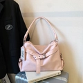 Pink large capacity faux leather hobo bag with adjustable strap and designer tag - Pink