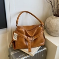 Caramel brown large capacity shoulder bag with pleated texture and buckle detail - Brown