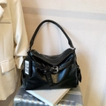 Large black vintage faux leather tote bag with stylish buckle strap and silver hardware - Black