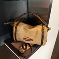 Borsa Boston retrò in camoscio cammello con finiture in pelle marrone e dettagli dorati - Cachi