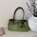 Minimalist green matte leather tote bag with dark brown handles for women daily commute - Green
