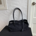 Large black tote bag in matte suede leather with thin straps and decorative tie detail - Black
