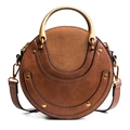 Caramel round crossbody bag with metal ring handle and rivet details on matte leather - Dark Brown