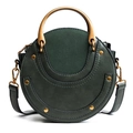 Retro dark green matte round shoulder bag with gold metal handle and rivet details - Green