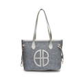 Large grey felt tote bag with leather handles and round logo for daily commuting - Blue and Silver