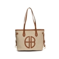 Minimalistische beige canvas tas met bruine lederen bies en cirkelvormig B-ontwerp - Beige en Bruin