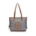 Grote grijze vilten shopper met bruine lederen bies en stijlvolle ronde logopatch - Blauw en Bruin