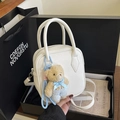 Minimalist white textured square crossbody bag with cute plush bear charm for women - With Pendant / White