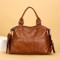 Brown lychee leather tote bag with cross stitching and detachable shoulder strap - Yellow Brown
