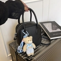 Minimalist black litchi pattern square handbag with cute brown bear plush charm - With Pendant / Black