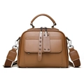 Brown semi-circle handbag with wide woven shoulder strap and polished hardware - Yellow Brown