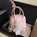 Pink lychee texture leather square bag with cute plush bear charm and crossbody strap - With Pendant / Pink