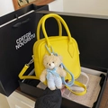 Bright yellow pebbled leather square crossbody bag with a cute plush bear pendant - With Pendant / Yellow