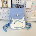 Blue and beige patchwork nylon mini backpack with silver metal logo and drawstrings - Small Blue