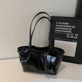 Glossy black leather tote bag for women with a mini flap pendant and dual thin handles - Black