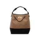 Quilted color-block bucket bag with khaki and black leather, gold hardware, and chain strap - Khaki
