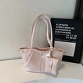 Chic light pink glossy patent leather tote bag with a small envelope charm for women - Pink