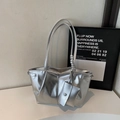 Minimalist silver metallic tote bag with matching coin purse and slender straps - Silver