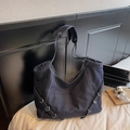 Dark blue denim tote bag with white contrast stitching and silver adjustable buckle - Blue