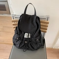 Minimalist black checkered drawstring backpack with flap and side zipper pockets - Black Plaid