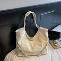 Beige Hobo tote bag in soft leather with silver buckles and large capacity design - White