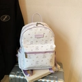 Sac à dos blanc et violet imprimé chat avec étiquette BROBOOM sur valise argent - Violet