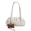 Weiße Bowlingtasche aus glänzendem Leder mit braunem Schleifenanhänger für Damen - Mit Anhänger / Weiß