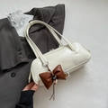 White minimalist baguette shoulder bag with dark brown bow charm and bead fringe - White (With Charm)