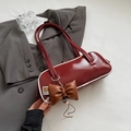 Retro bordeaux red rectangular underarm bag with white contrast piping and bow charm - Red (With Charm)