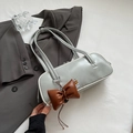 Chic light sage green baguette shoulder bag with white piping and a brown bow charm - Blue (With Charm)