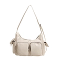 Retro cream multi-pocket shoulder bag in glossy faux leather with adjustable strap - White