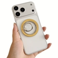 Detail of a white matte phone case with silver metal ring stand and yellow accent ring - Yellow