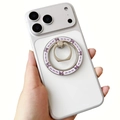Cartoon magnetic phone ring holder with pink bow design on pearl white MagSafe metal stand - White Base with Blue Bow