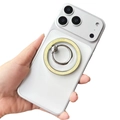 Close-up of a white glossy phone case with a built-in silver magnetic ring holder stand - Yellow