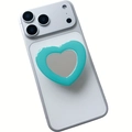 Tiffany blue heart shaped phone grip with makeup mirror on white smartphone - Expanding Stand / Teal
