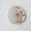 Detail eines unregelmäßigen Harz-Untersetzers mit lila Trockenblume und Goldfolie - Lila Gänseblümchen (1-Kein Text)