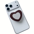 Brown heart-shaped mirror phone grip stand attached to white smartphone back - Expanding Stand / Coffee