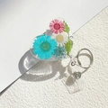 Détail macro du porte-badge en résine en forme de cœur avec de vraies fleurs séchées - Fleur Bleue Transparente