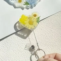 Macro detail of heart-shaped retractable badge holder with real dried flowers and resin - Glitter Yellow Flower
